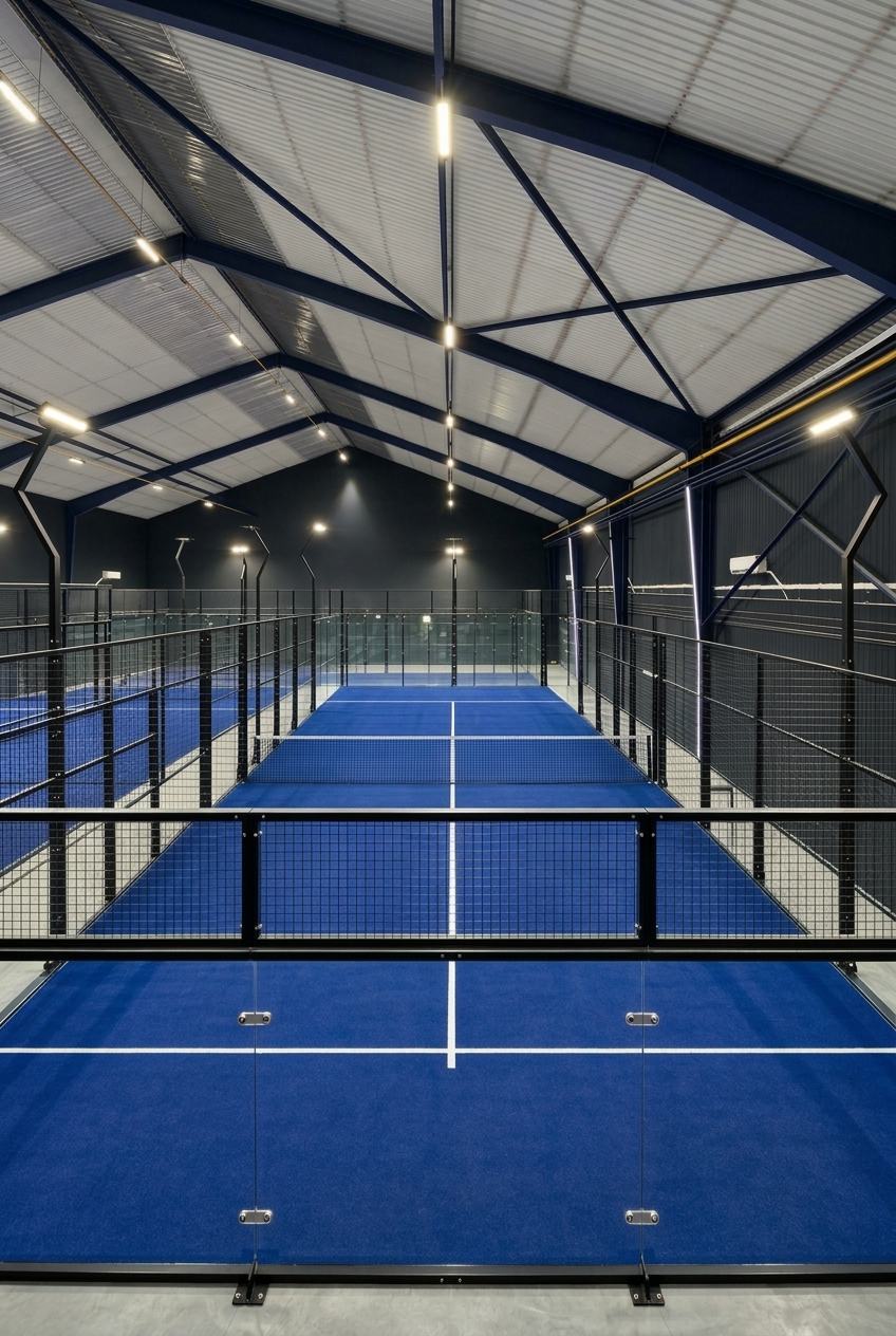 Modern fedett padel klub kék műfüves pályákkal és üvegfalakkal