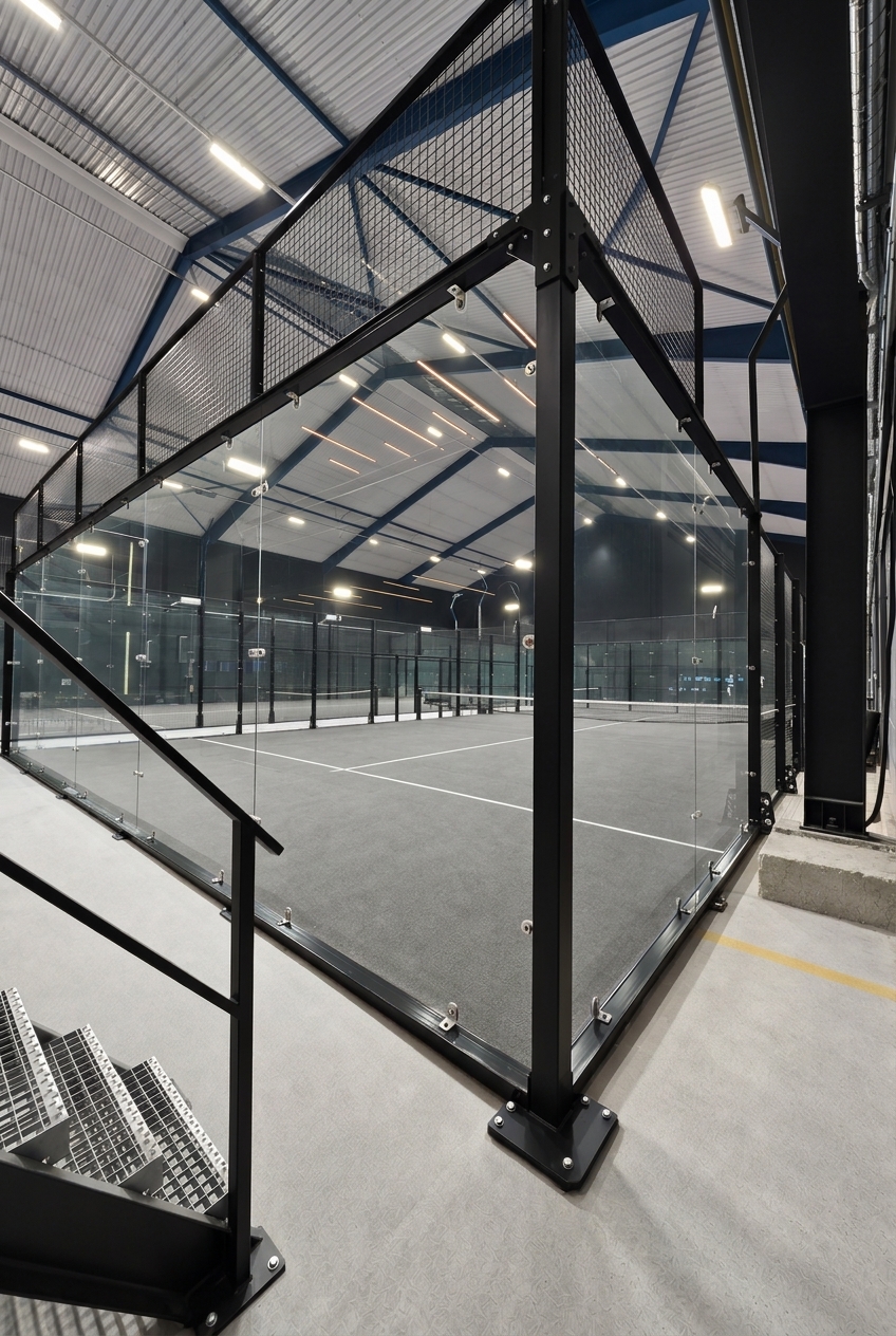 Kész padel pálya üvegsarka fekete acéloszloppal, edzett üvegpanelekkel és szürke műfűvel egy fedett csarnokban